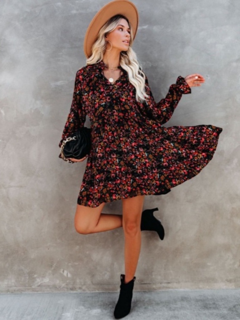 VICI Long Sleeve Babydoll Floral Tiered Mini Dress Size Large